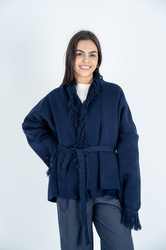 Navy Knit Fringed Cardigan