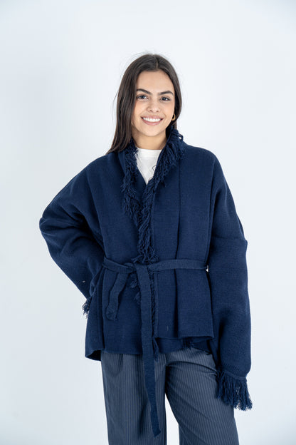 Navy Knit Fringed Cardigan