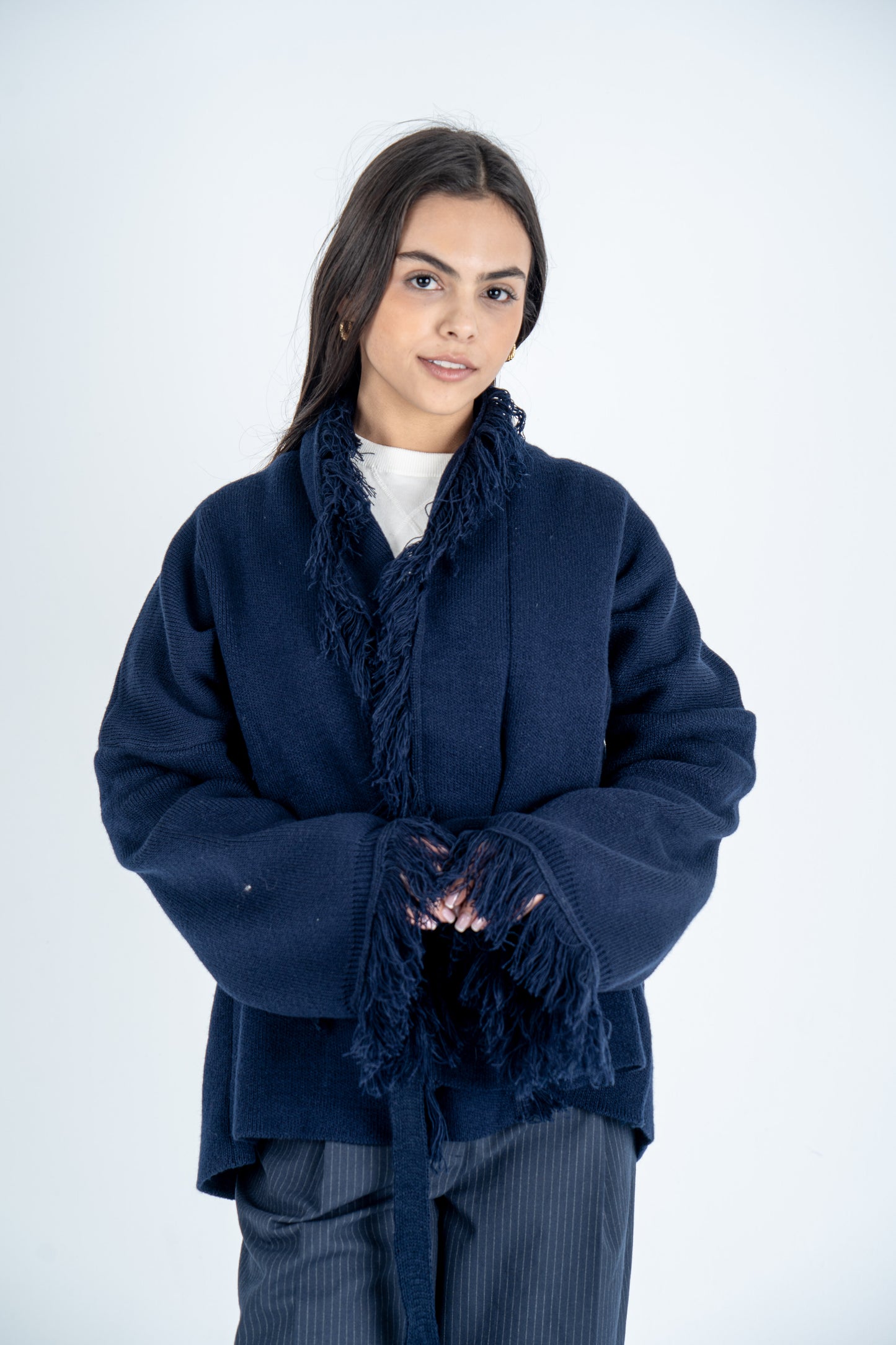 Navy Knit Fringed Cardigan