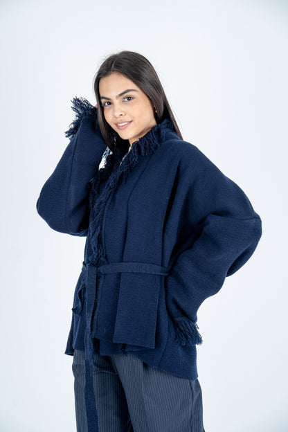 Navy Knit Fringed Cardigan