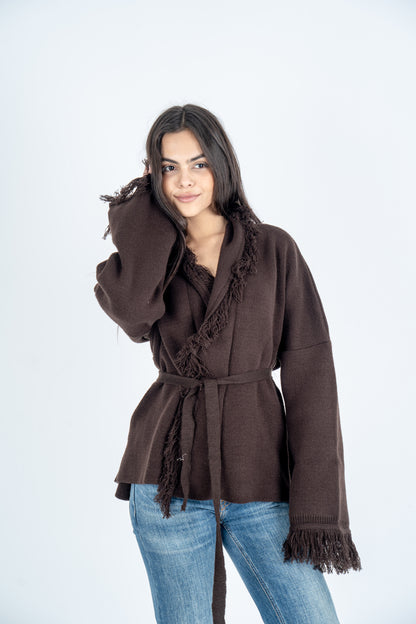 Brown Knit Fringed Cardigan