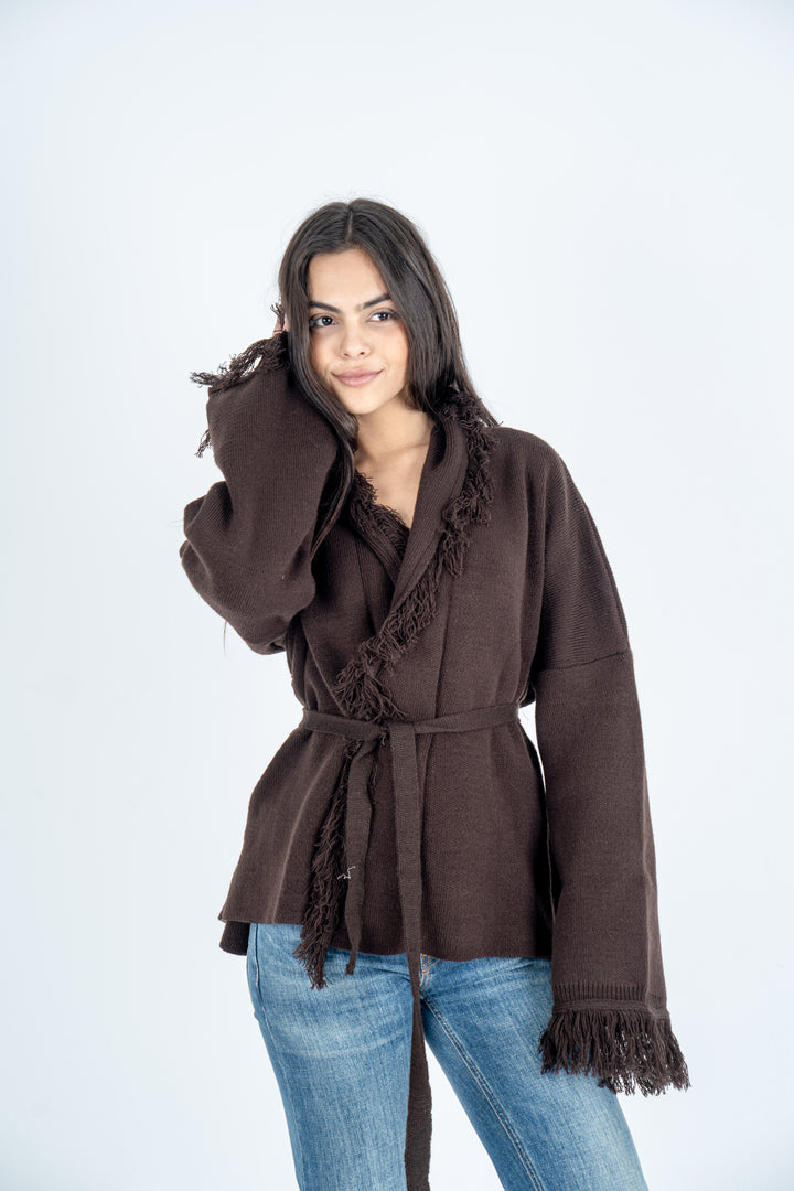 Brown Knit Fringed Cardigan