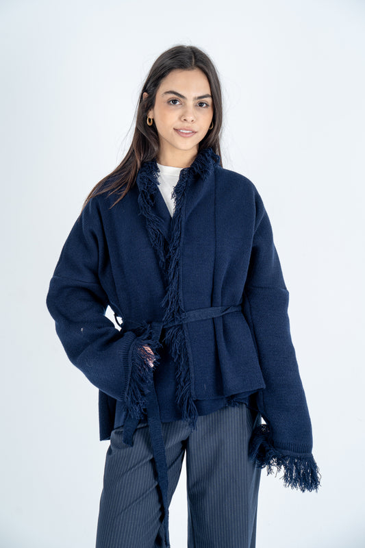 Navy Knit Fringed Cardigan