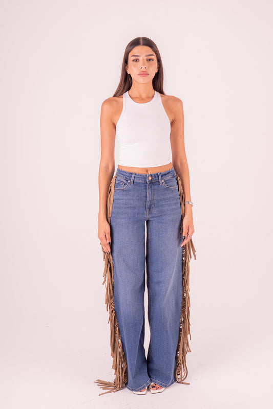 Beige Fringes Detail Jeans