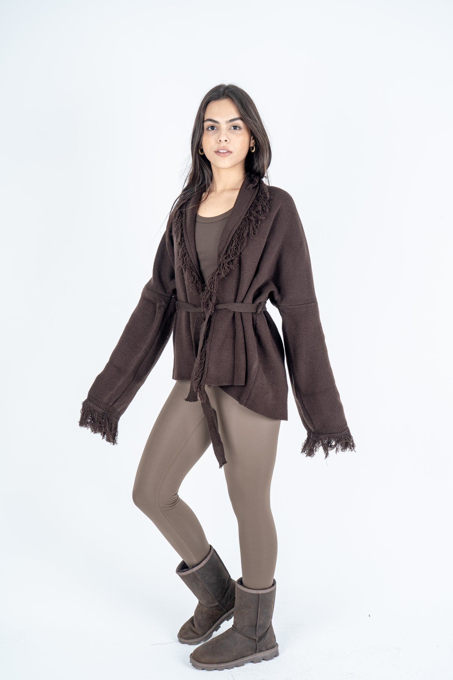 Brown Knit Fringed Cardigan