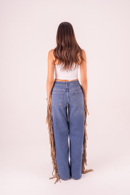 Beige Fringes Detail Jeans