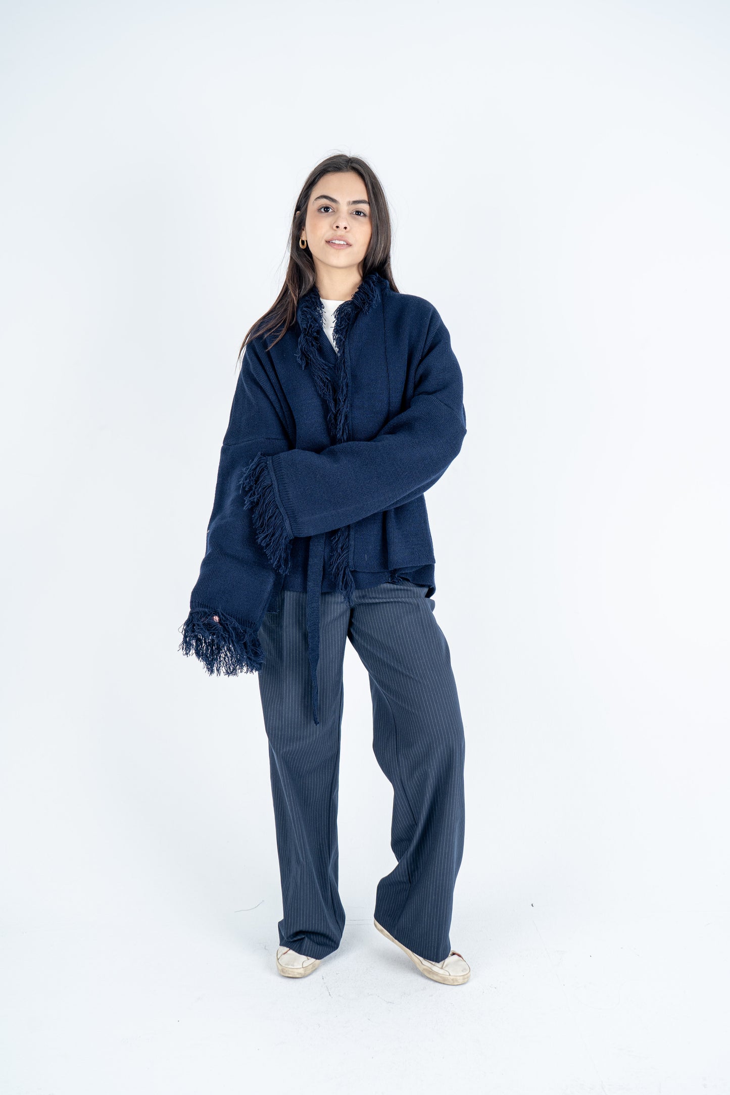 Navy Knit Fringed Cardigan