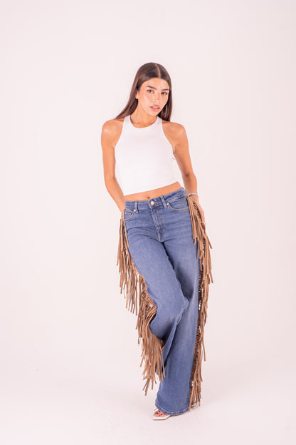 Beige Fringes Detail Jeans