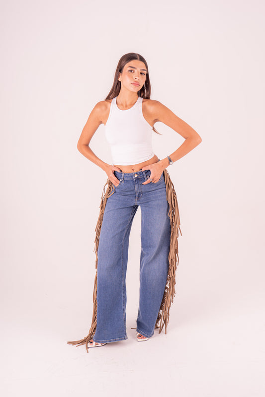 Beige Fringes Detail Jeans