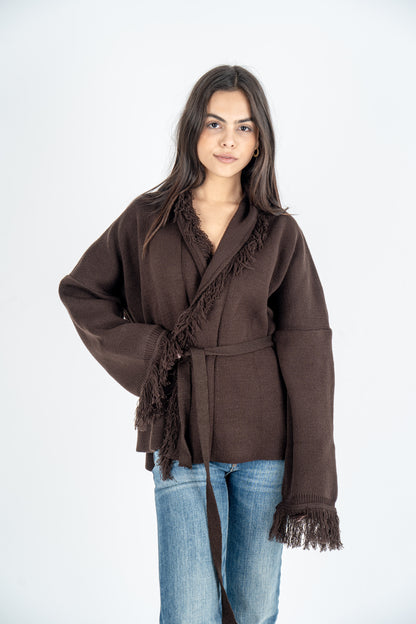 Brown Knit Fringed Cardigan