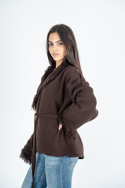 Brown Knit Fringed Cardigan