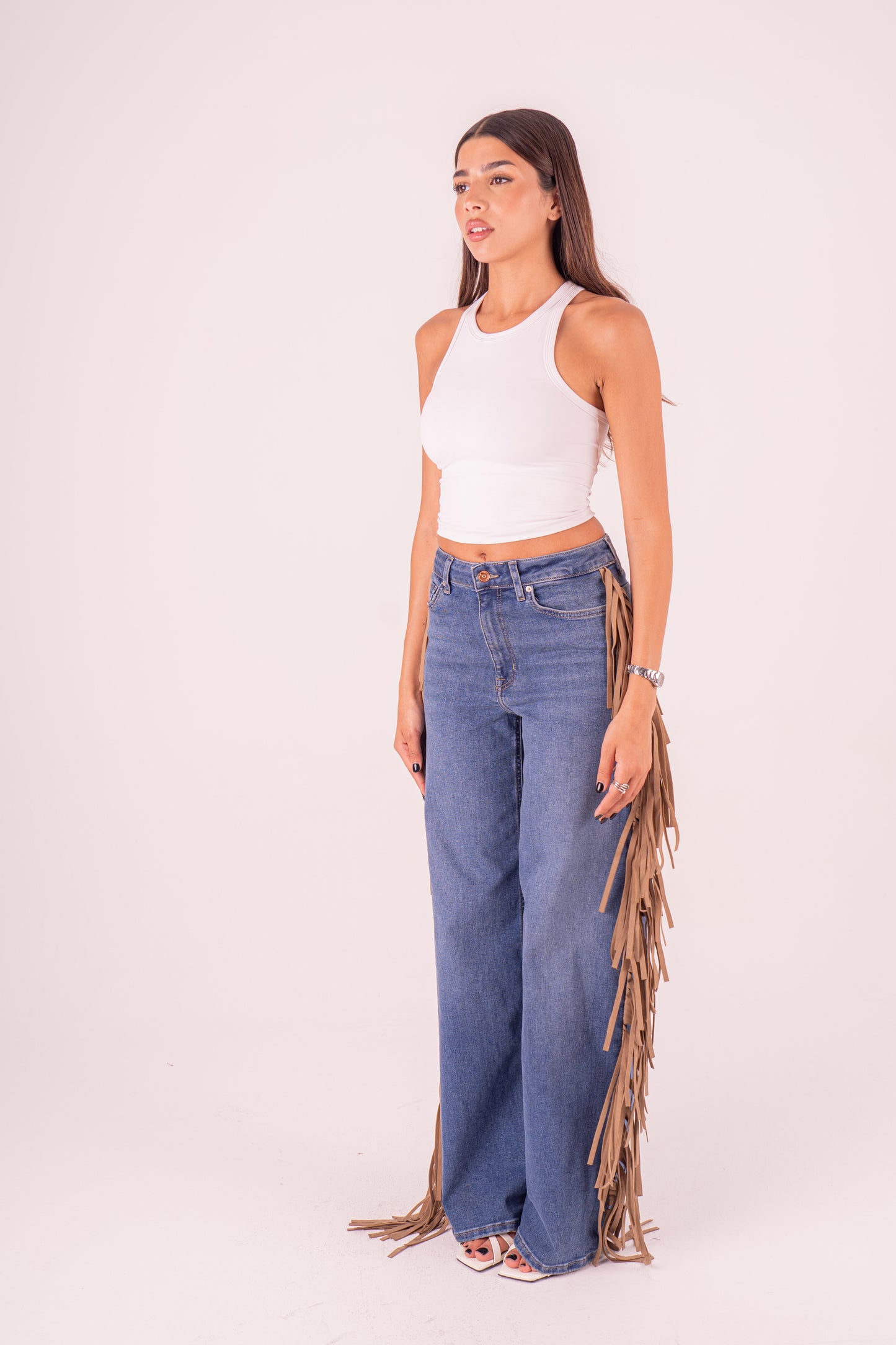 Beige Fringes Detail Jeans