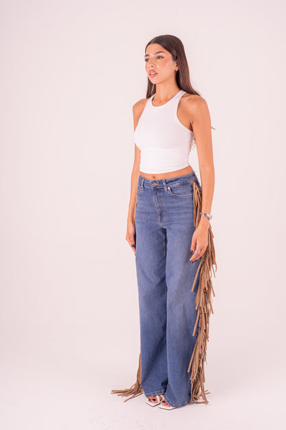 Beige Fringes Detail Jeans