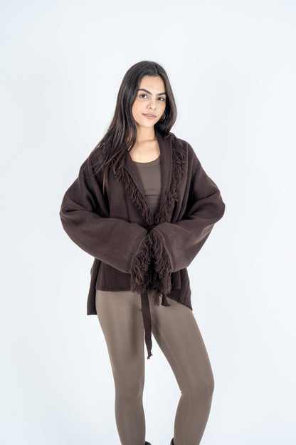 Brown Knit Fringed Cardigan